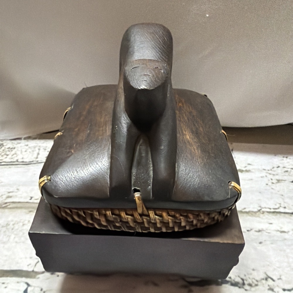 AFRICAN PRIMITIVE HAND CARVED MONKEY ON TOP FIGURE OLIVE WOOD LIDDED BOX